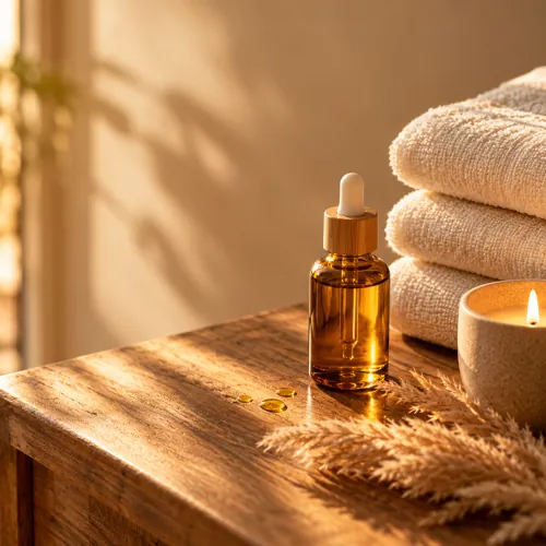 Massageöl und Handtücher im warmen Licht